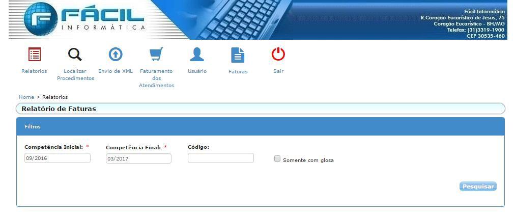 Informe a competência inicial e final que deseja consultar e clique em pesquisar Serão listadas todas as faturas entregues e analisadas daquela competência
