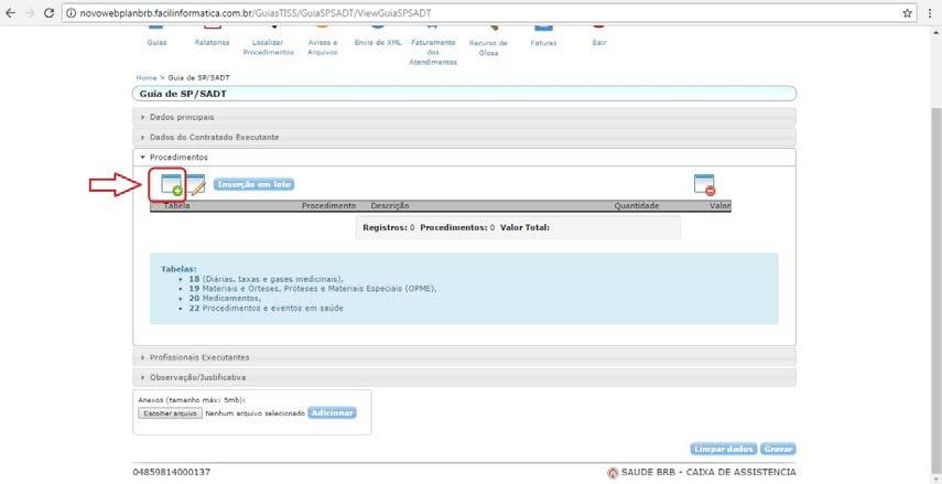 Na aba Procedimentos clicar no ícone Inserir sinalizado