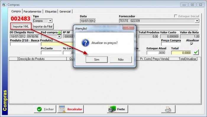 Obs: Para o devido funcionamento deve ser configurado o receituário agronômico no banco de dados com o nome "Receituario" Compras e importação do XML Foi adicionado na compra a opção de atualizar os