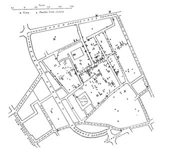 Figura 4: Mapa de Londres feito por Dr. Snow com a incidência de cólera e localidade dos poços de água. (Adaptado de E. Tufte, 1983). Com o mapa em mãos Dr.