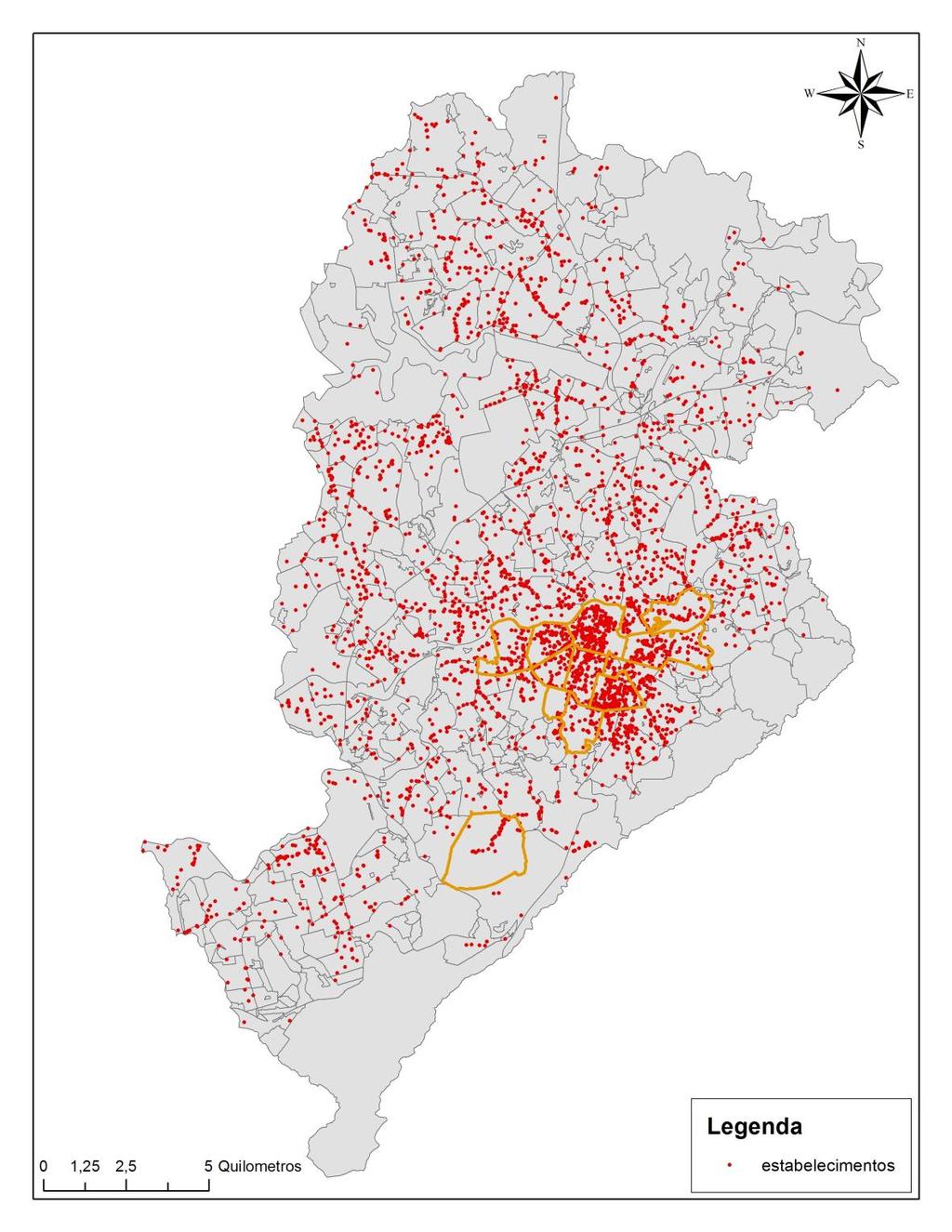 de Belo Horizonte. Abaixo, na figura 6, mapa de Belo Horizonte com os bares e restaurantes marcados com um ponto vermelho e os bairros analisados delimitados em laranja.