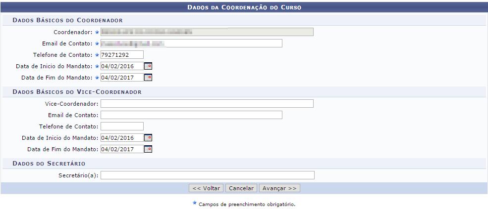 A próxima página da submissão será para registrar a coordenação do curso e secretário (não