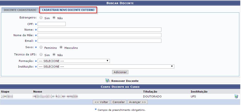 Caso queira adicionar um docente externo, basta clicar na aba Cadastrar novo docente externo, destacada na imagem abaixo: Caso deseje remover algum docente, basta clicar no ícone.