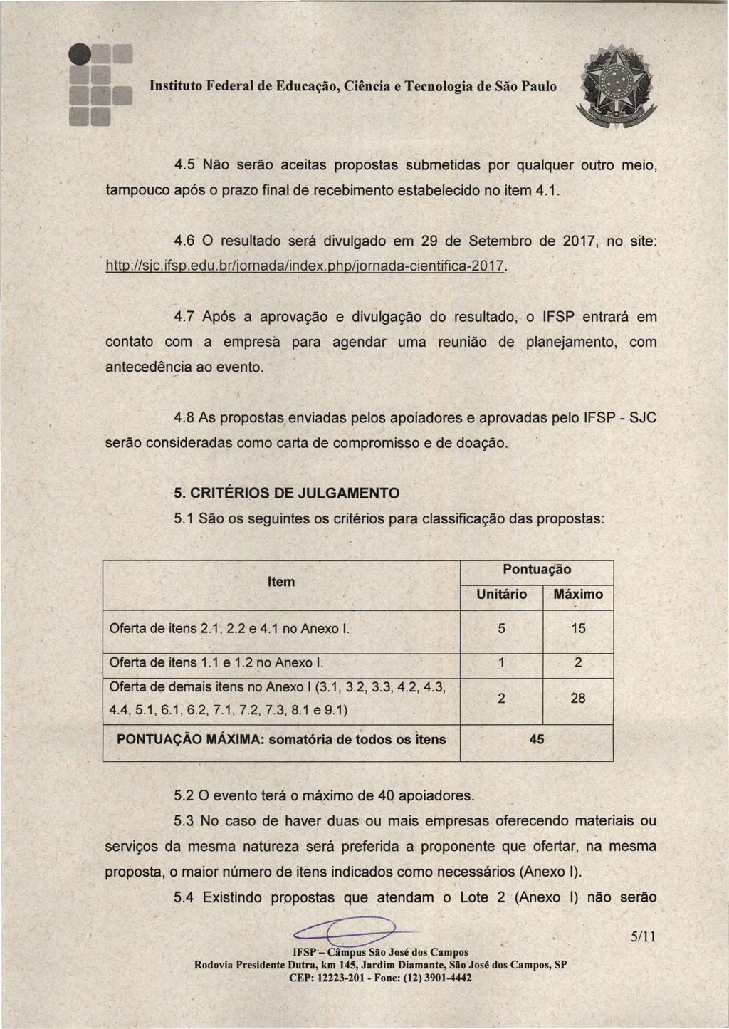 Instituto Federal de Educação, Ciência e Tecnologia de São Paulo 45 Não serão aceitas propostas submetidas por qualquer outro meio, tampouco após o prazo final de recebimento estabelecido no item 41