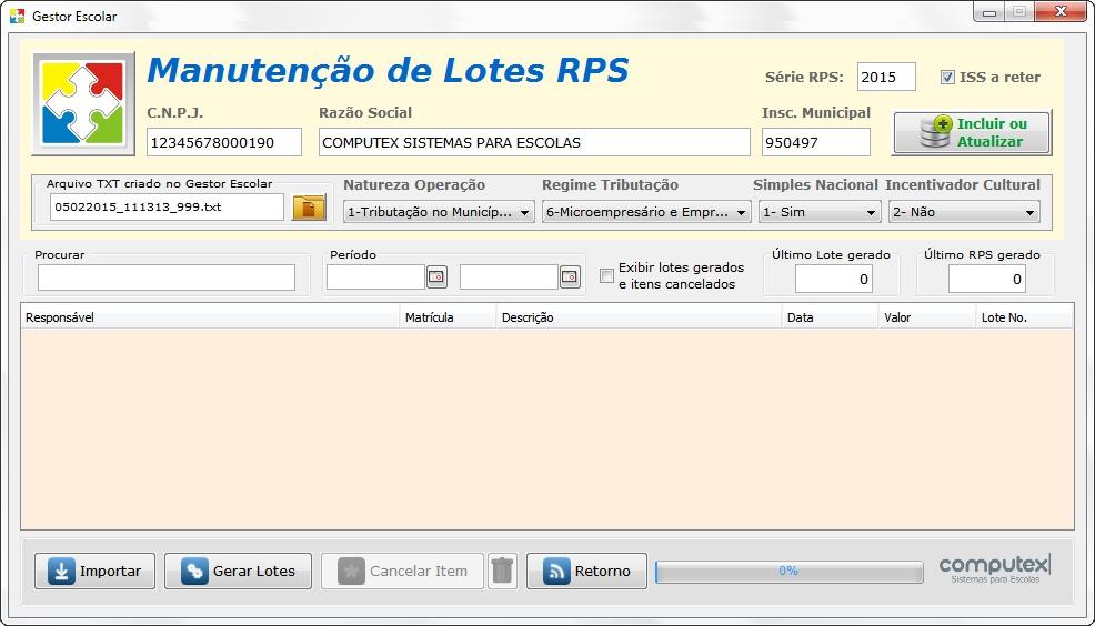 Importando arquivo TXT e gerando de Lotes de RPS. RPS(Recibo Provisório de Serviços) são enviados à Prefeitura e convertidos em Notas Fiscais Eletrônicas.