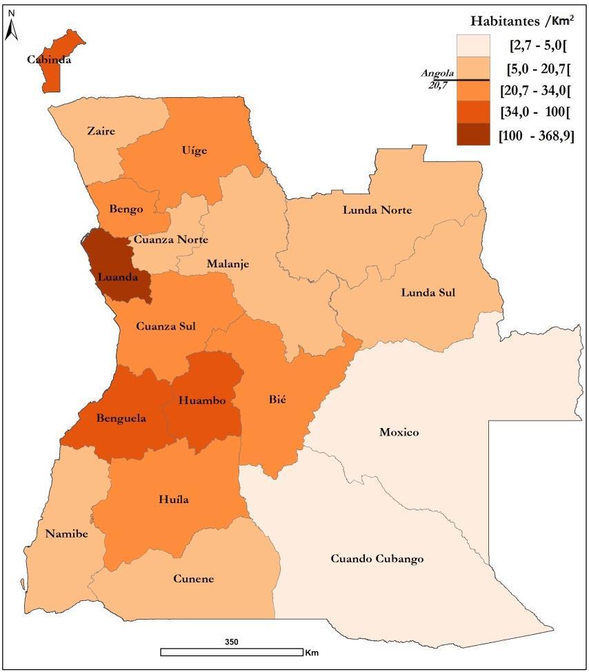 7.1.3 DENSIDADE DEMOGRÁFICA Em cada quilómetro quadrado de Angola, residem 20,7 pessoas.