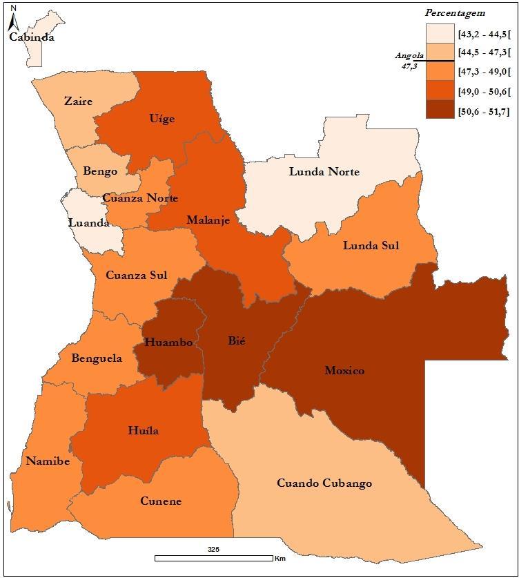 Cartograma 6 - População com 0-14 anos de idade, 2014 No caso da população idosa, as províncias de Cabinda e Luanda apresentam menos de 2% de população idosa.