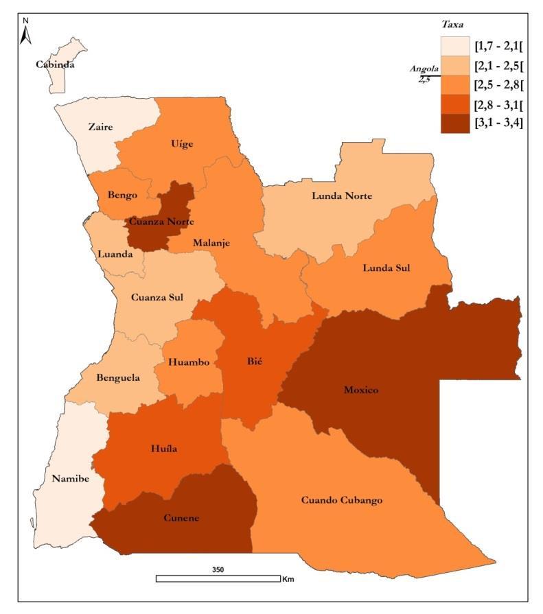 Cartograma 12- Prevalência de deficiência por província, 2014 As províncias de Cabinda e do Namibe apresentam as menores taxas de deficiência, abaixo de 2%.