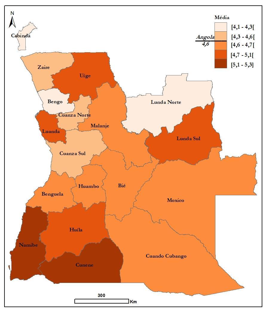 Cartograma 15 - Média de pessoas por agregados familiares Os agregados familiares mais numerosos encontram-se nas províncias do Cunene e Namibe com uma média de 5,3 e 5,1