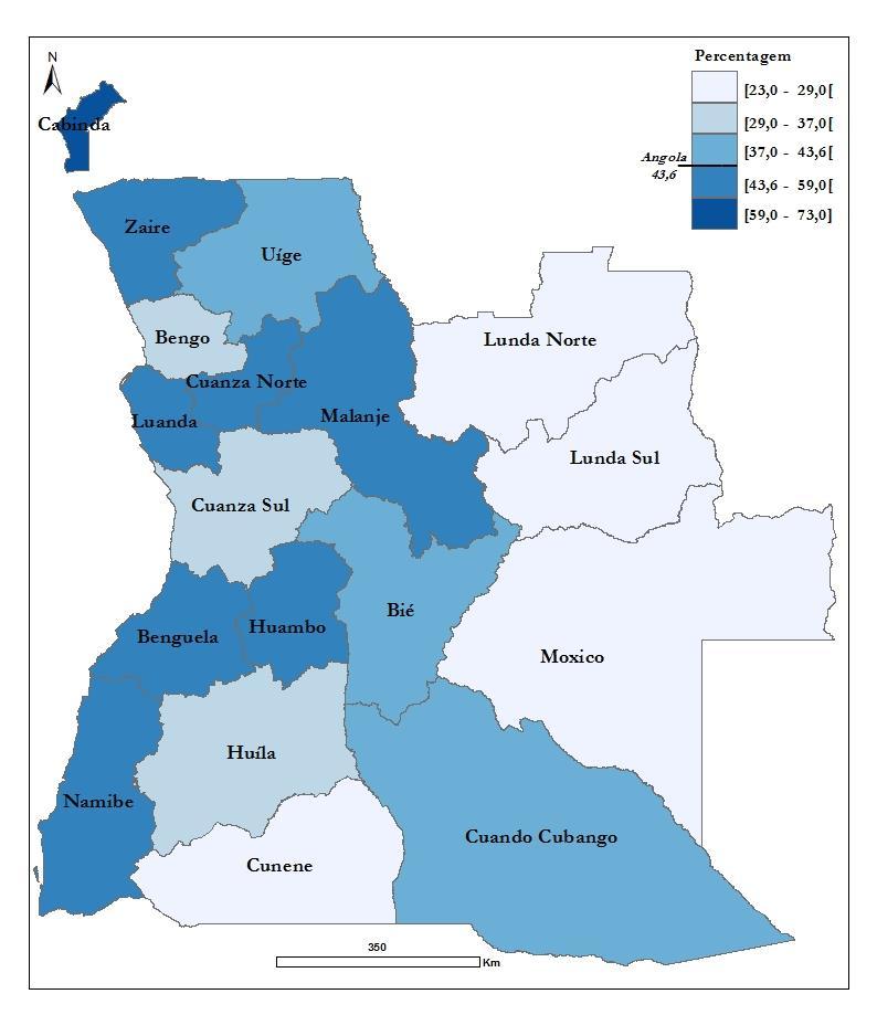 Cartograma 16 - Acesso a água apropriada para beber por província Gráfico 36 Proporção da população que usa água apropriada para beber por província Angola 80,0 70,0 60,0 50,0 40,0 30,0 20,0 10,0 0,0