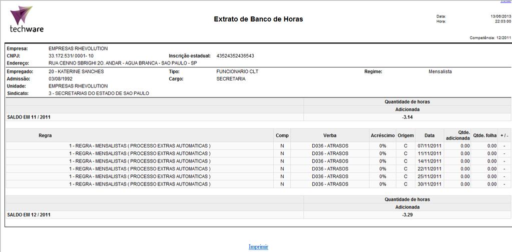 o seu extrato de Banco de Horas.