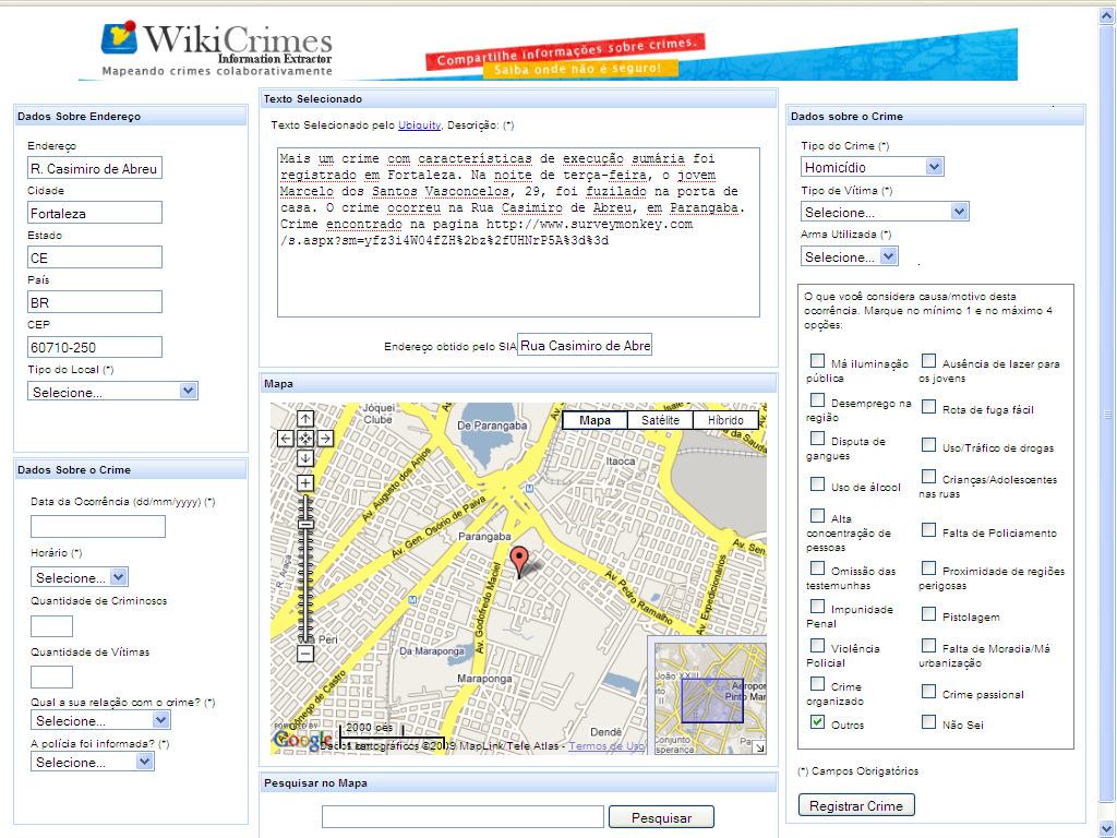 A B Figura 2. Interface do sistema WikiCrimesIE onde foi extraída informação sobre o local do crime e tipo do crime do texto selecionado pelo usuário. O endereço foi localizado no mapa geoprocessado.