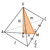 Pirâmide triangular regular : Considere uma pirâmide triangular regular em que as arestas da base medem l, altura H, apótema da base a e apótema