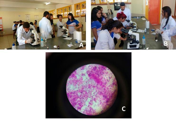 Figura 2. A - Explicação aos estudantes acerca da preparação do material (4ª etapa). B - estudantes do Colégio Dr. Onério Visualizando bactérias no microscópio.