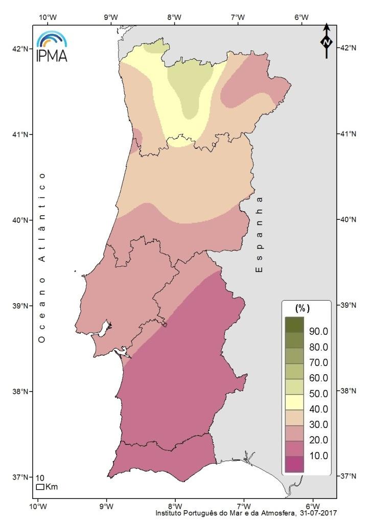 2.5 Água no solo Na Figura 7 apresentam-se os valores em percentagem de água no solo, em relação à capacidade de água utilizável pelas plantas, no final de julho de 2017.