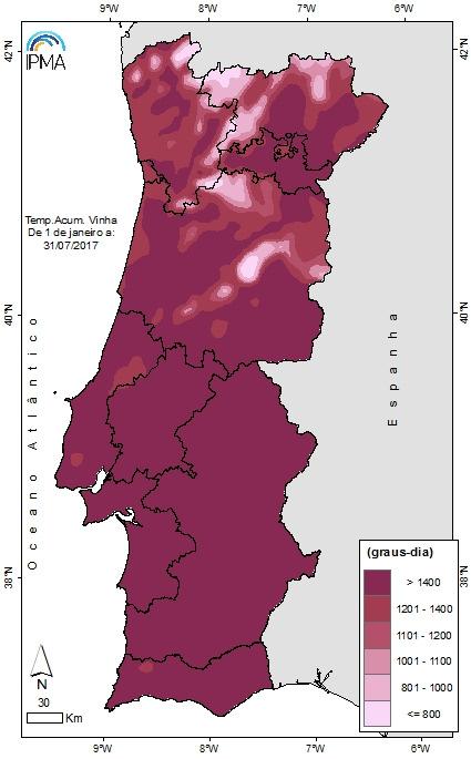 No Quadro III apresentam-se os valores da temperatura acumulada e o número de dias potencial do avanço e atraso das culturas no mês de julho de 2017, para algumas localidades do Continente, para