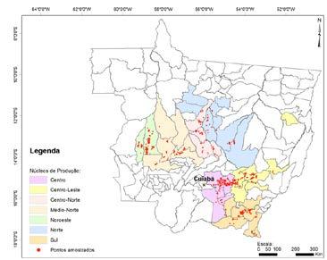 Figura 1. Mapa do estado de Mato Grosso indicando áreas de produção de algodão nas safras 2011/12 e 2012/13 (A) e locais de amostragem dos 1.162 pontos analisados nesse trabalho (B).