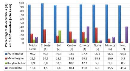 Figura 2. Ocorrência de diferentes gêneros de fitonematoides associados à cultura do algodoeiro nos núcleos de produção no estado de Mato Grosso, safras 2011/2012 e 2012/2013.