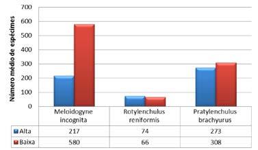 Tabela 2. Números médio, máximo e mínimo de espécimes de nematoides em amostras com presença das espécies selecionadas, analisando o total de 1.162 amostras.