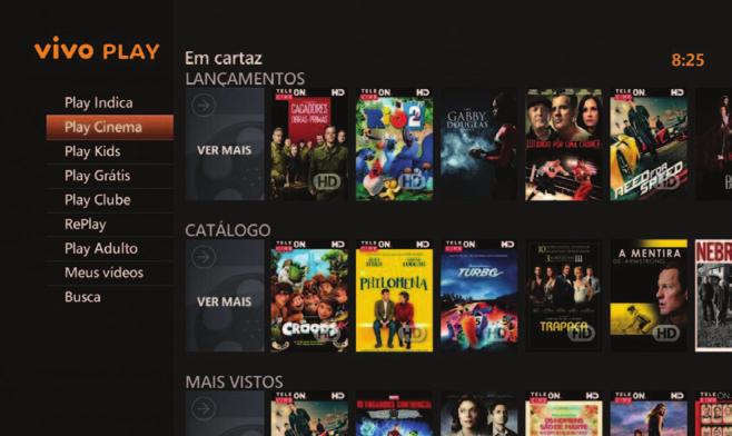 Vivo Play Dentro de casa Sua Vivo TV Fibra também traz uma verdadeira locadora ao alcance do seu controle remoto, assim você tem ainda mais conteúdo e entretenimento para se divertir.