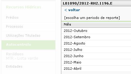 Reporte de autocontrolo - Licenças de rejeição A aplicação distribui as necessidade de reporte dos diferentes parâmetros, por cada formulário de registo mensal.