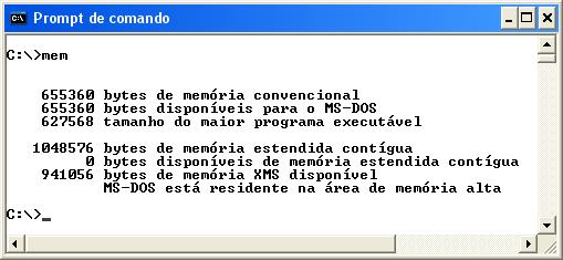 Para determinar a quantidade de memória de seu computador, utilize o comando MEM da seguinte