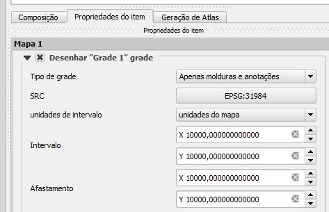 desenhada, clique em Tipo de grade e selecione a opção Apenas molduras e anotações; Confira se o SRC está correto; Em unidades de intervalo,