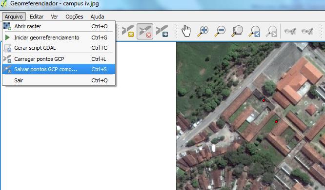 - 30 - Agora iremos salvar as coordenadas inseridas para georreferenciar (fig. 44); Clique em Arquivo» Salvar pontos GCP como. Figura 44: Salvando os pontos inseridos.