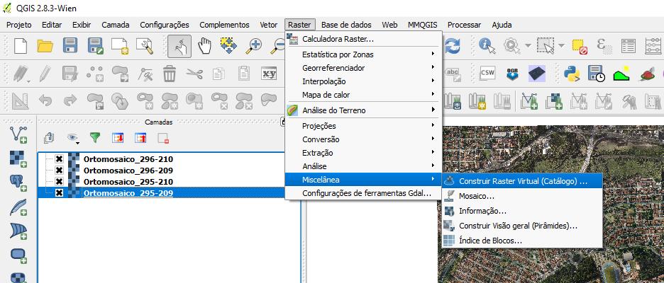 Agora podemos começar o nosso mosaico; Na barra de título clique em Raster» Miscelânea» Construir Raster Virtual (fig. 50).