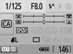 C Fotografar Criativo Auto Velocidade do obturador e abertura (1) (6) Verificação da bateria (2) (3) (4) (5) Nº estimado de disparos (1) Disparo flash Pode seleccionar <a> (Auto flash), <D> (Flash