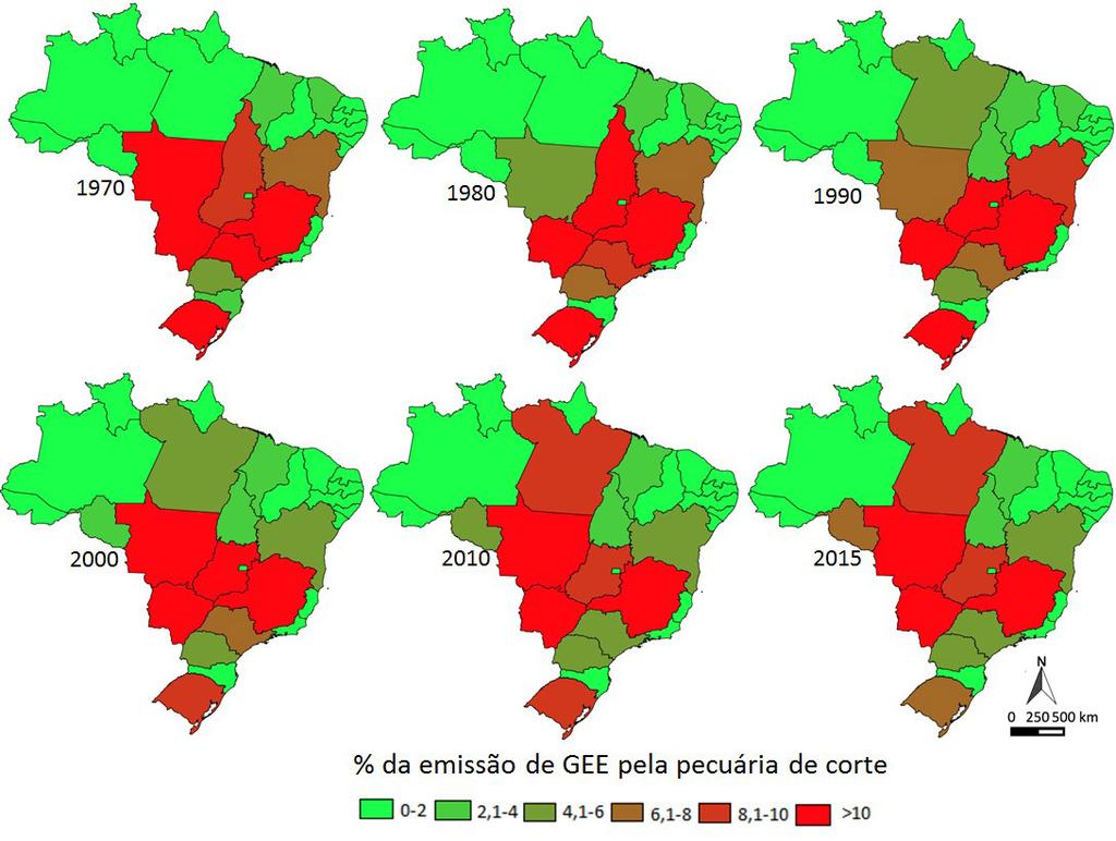 1. INTRODUÇÃO Figura 11 - Participação Histórica das Emissões de GEE da Pecuária de Corte por Estado no Brasil Nos anos de 1990, o rebanho começou a se deslocar predominantemente para o