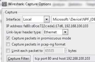 Figura 8.12 de pacotes do Em seguida clique em Start para iniciar a captura; porém, somente serão capturados os pacotes de/para a sua estação e que sejam destinados/recebidos da porta TCP 80.