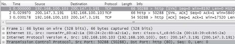 4. Vamos agora analisar os pacotes envolvidos na abertura desta conexão TCP, que são exatamente os 3 primeiros pacotes (1 a 3), mostrados na Figura 8.