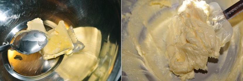 Adicione a manteiga e margarina e com uma espátula as misture até que forme
