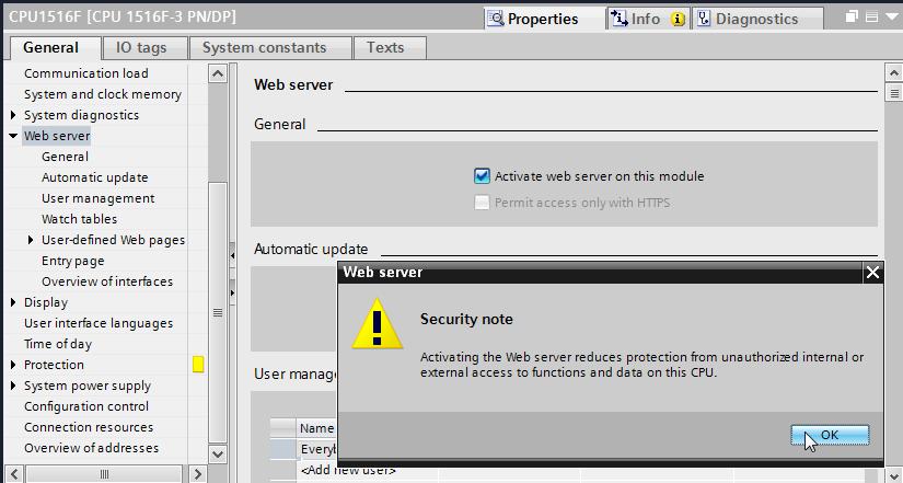 Ative o servidor web neste módulo e confirme a instrução de segurança.
