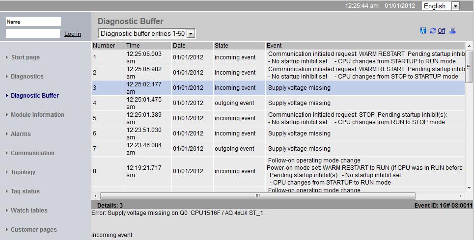 Em 'Buffer do diagnóstico' recebe-se informações importantes para todos os eventos na CPU.