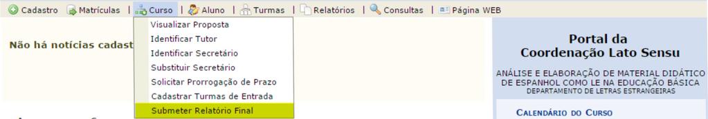 9 Submeter relatório final: Para submeter o relatório final todas as turmas devem está consolidadas, todos os discentes