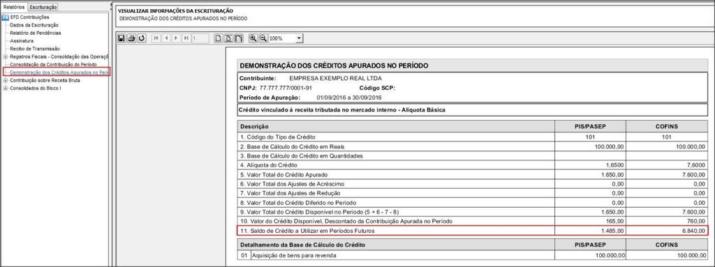 Nesta condição, geramos o arquivo do EFD Contribuições da competência 09/2016 que se refere ao primeiro mês que houve acumulo de crédito para o período seguinte.