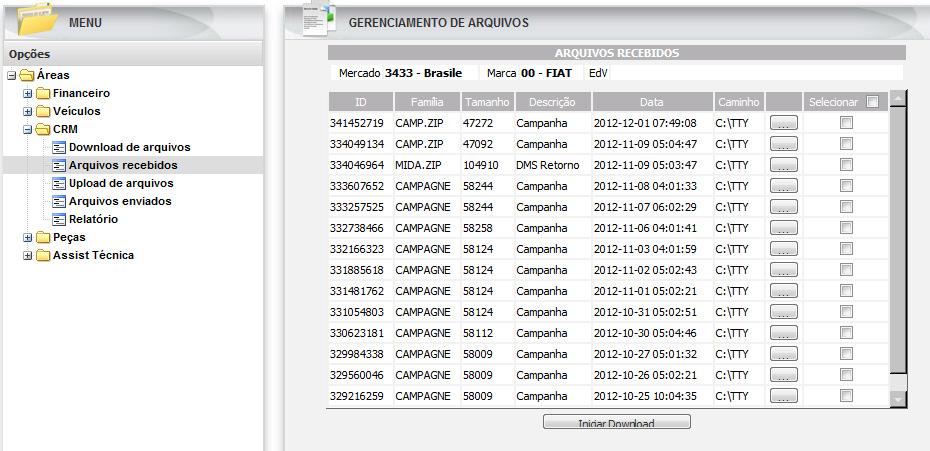 2. Arquivos recebidos Clique em Arquivos recebidos para visualizar e/ou fazer download novamente dos arquivos do DMS O