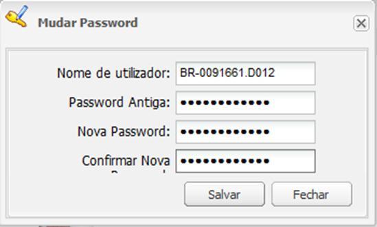 Para alterar basta digitar a password antiga (Senha) e a nova password repetindo a mesma para confirmação e clicar em Salvar.