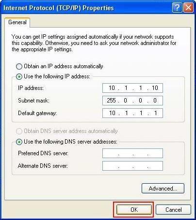 4 5- Na nova janela selecione a opção Usar o seguinte endereço de IP. Preencha os seguintes campos: IP Address (Endereço de IP): 10