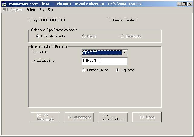 5. - Abertura 1 2 3 4 É a tela inicial do módulo Client, aberta logo após a sua ativação no menu Start (ou Iniciar) e que fica disponível no terminal do balcão para atendimento dos portadores.