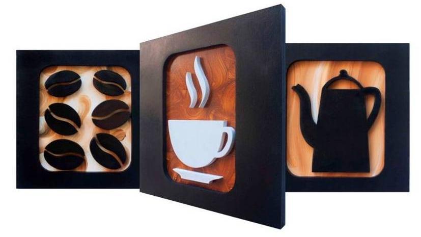 CAFÉ PREMIUM Conjunto de 3 quadros com desenhos xícara, bule e grãos de café em relevo no mdf, pintura