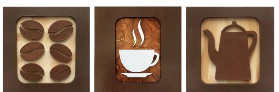 wall pictures - embossed designs of cup, teapot and coffee grains in mdf, acrylic paint, enamel and