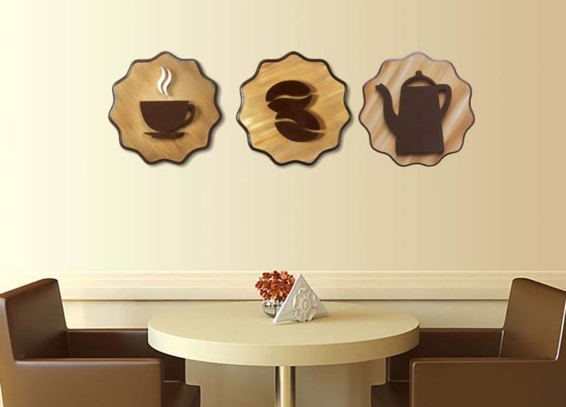 CAFÉ TRADICIONAL Quadros decorativos com desenhos em relevo no mdf, formato circular, pintura acrílica, esmalte e moldura