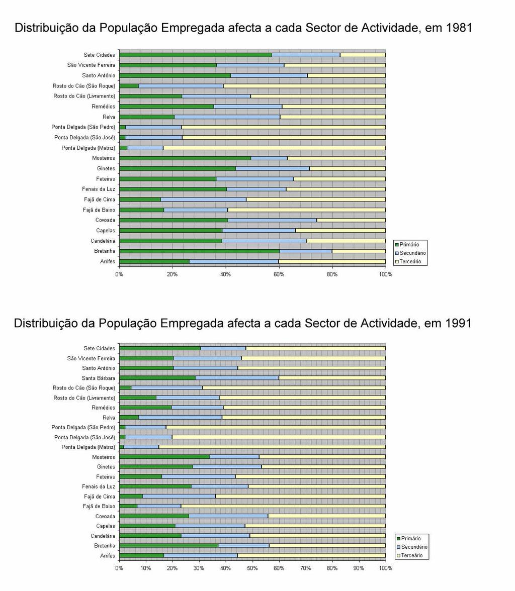 A recomposição da distribuição por sector de actividade reflecte o mais alto nível de escolaridade da população activa.