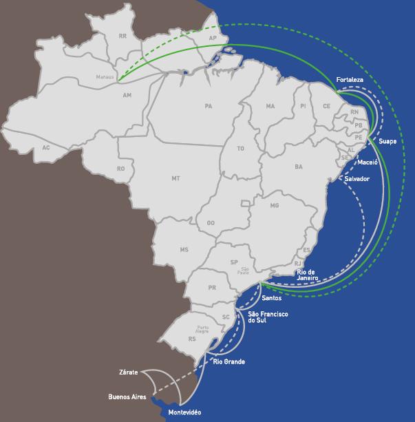 Navegação Costeira Nova configuração dos serviços desde julho/08 capacidade nominal em TEUs navios 2007 3T08 Log-In Amazônia Log-In Pantanal Frotasantos