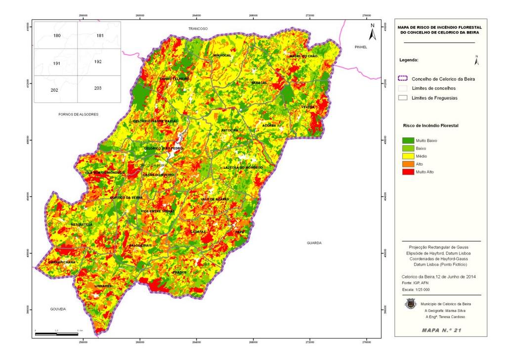Pela análise da distribuição espacial das áreas de risco de incêndio florestal (mapa 21) verifica-se que no concelho