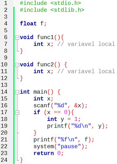 Variáveis: escopo Escopo local: Bloco: visível apenas no interior de um bloco de comandos if (teste == 1) { } int i; i = i+1; Função: declarada na lista de parâmetros da função ou