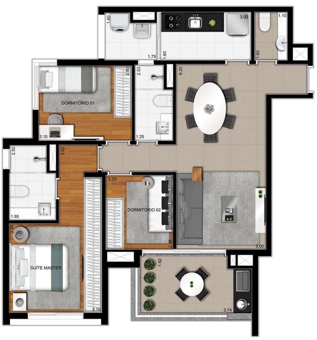 Rua Napoleão Laureano Rua Isabel de Castela 88,50m² - opção padrão - andar tipo final 6 3 dorms (1 suíte) Lavabo Cozinha fechada 2 vagas Depósito privativo Terraço com churrasqueira; Infraestrutura